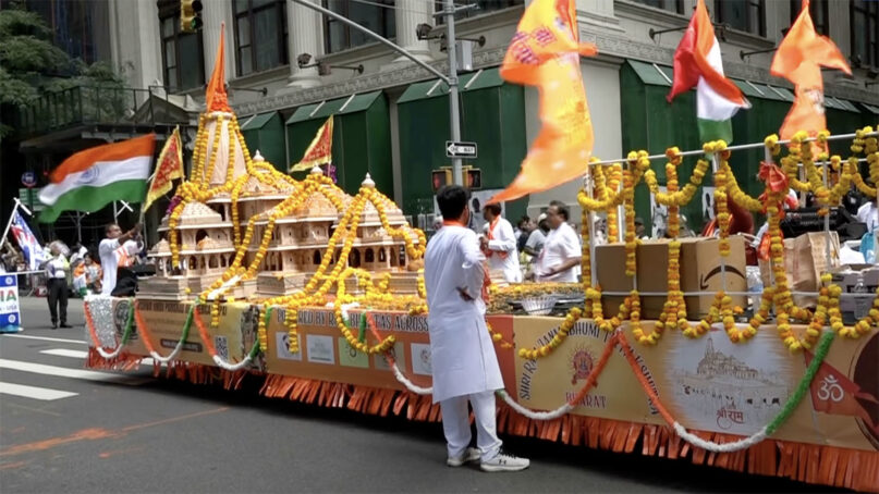 The controversial float in the India Day Parade had a model, left,  of the new temple to Ram in Ayodhya, India, seen Aug. 18, 2024, in New York. (Video screen grab)