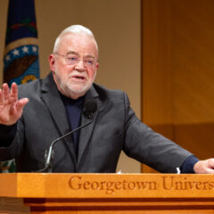 The Rev. Jim Wallis addresses the Center for Faith and Justice launch event at Gerogetown University, Wednesday, Nov. 17, 2021, in Washington. Photo by Phil Humnicky/Georgetown Univ.